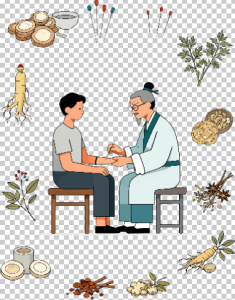 卡通风中医患者诊脉针灸医疗插画免抠素材